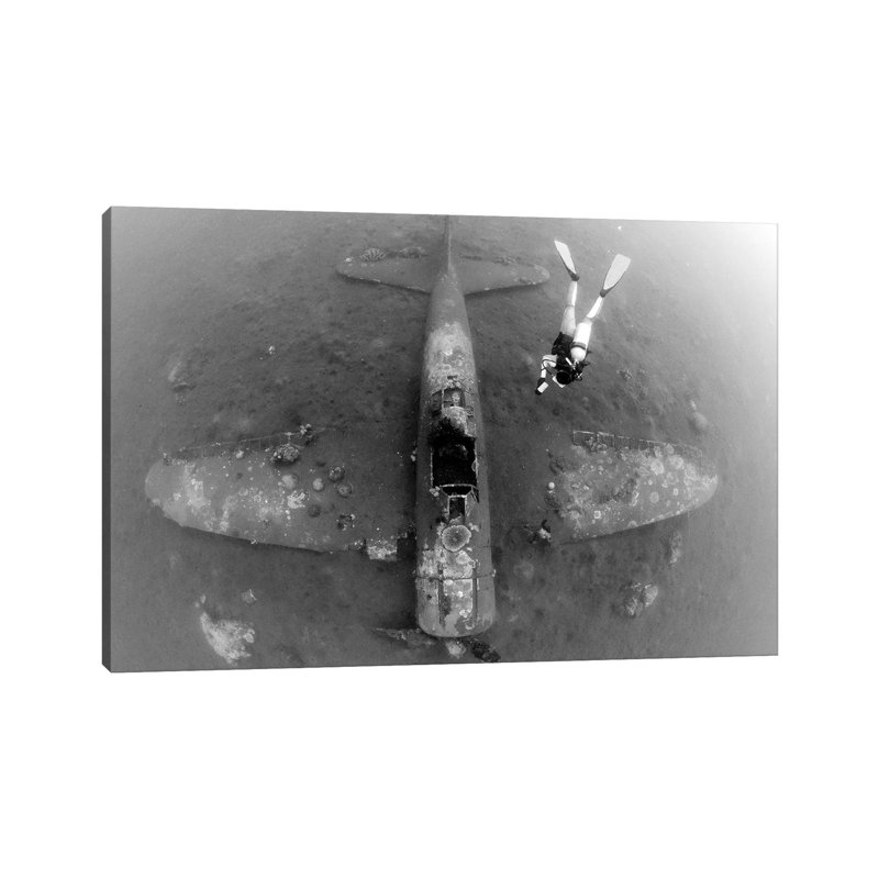 Diver Explores The Wreck Of A Mitsubishi Zero Fighter Plane by Steve Jones - Wrapped Canvas Print, 20.32 cm H x 30.48 cm W