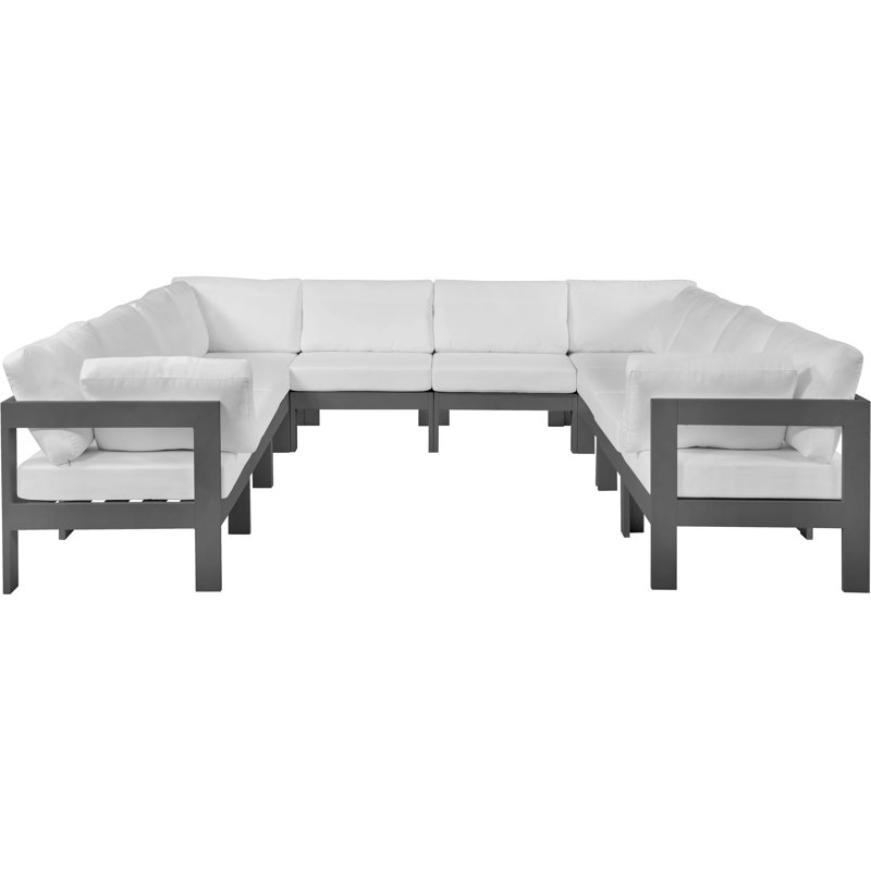 Koeppelle 120'' Wide Aluminum Patio Sectional with Cushions, Dark Gray, White
