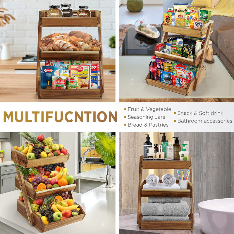 Support à fruits et légumes à grande capacité à 3 niveaux pour comptoir de cuisine multifonctionnel durable, Naturel