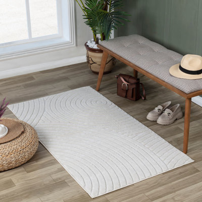 White Modern Outdoor Rug, Geometric Stain Resistant Easy to Clean Rug For Patio, Balcony, Decks & Garden