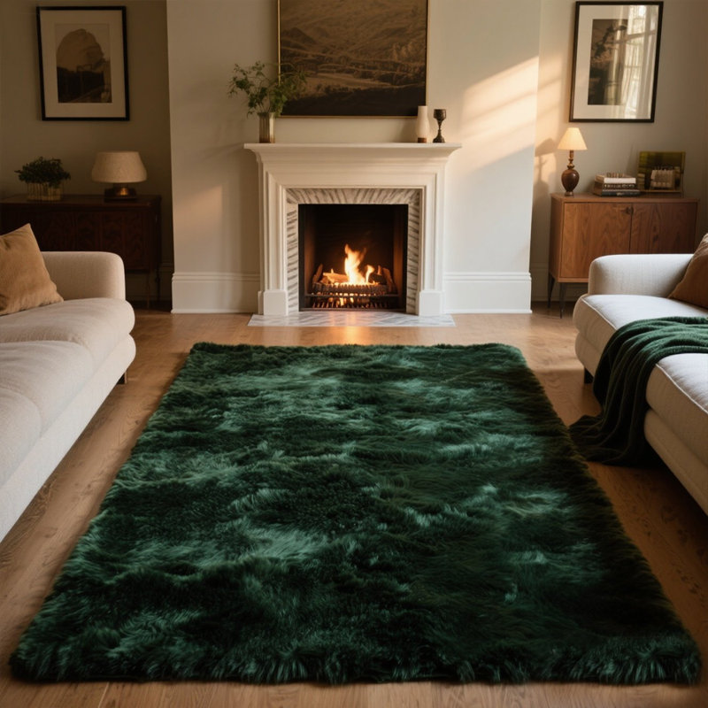 Stylish Fluffy Dark Green Plush Rug, Rectangle 5' x 8'