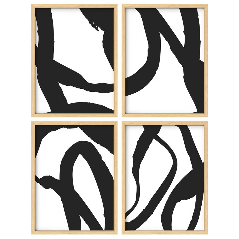 "Art moderne noir et blanc à coups de pinceau" - 4 pièces, Or, H 16 po x l 12 po