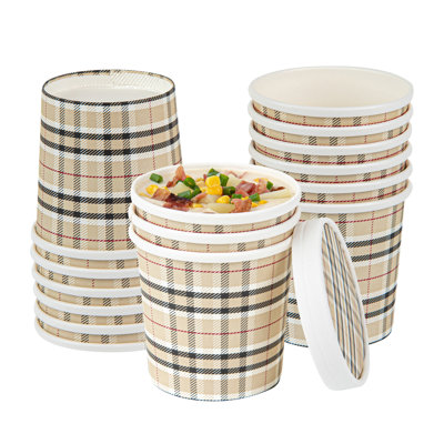 Restaurantware-Bio Tek 12 Ounce Soup Containers, 200 Durable Soup Bowls - Disposable, Sustainable, Plaid Print Paper Soup Cups, Round, For Hot Or Cold Foods