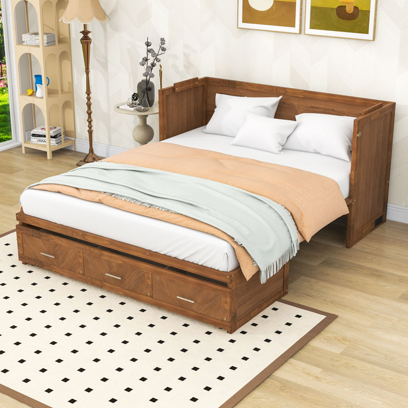 Grand lit escamotable en bois avec port USB et lattes, Noyer
