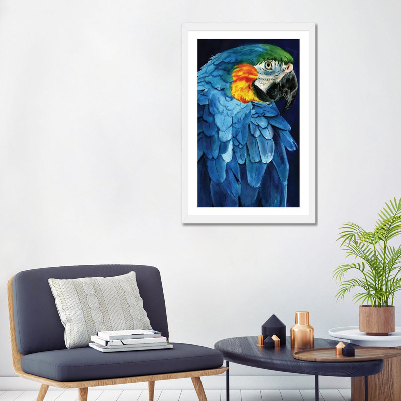 Ara bleu par Rachel Parker - reproduction d'art, H 32 po x l 24 po x P 1 po, Papier encadré blanc, Blanc
