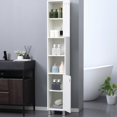 Grande armoire de rangement pour salle de bain - Tour autoportante en bois blanc avec miroir et tablettes réglables pour la salle de bain, les tablettes ou le salon