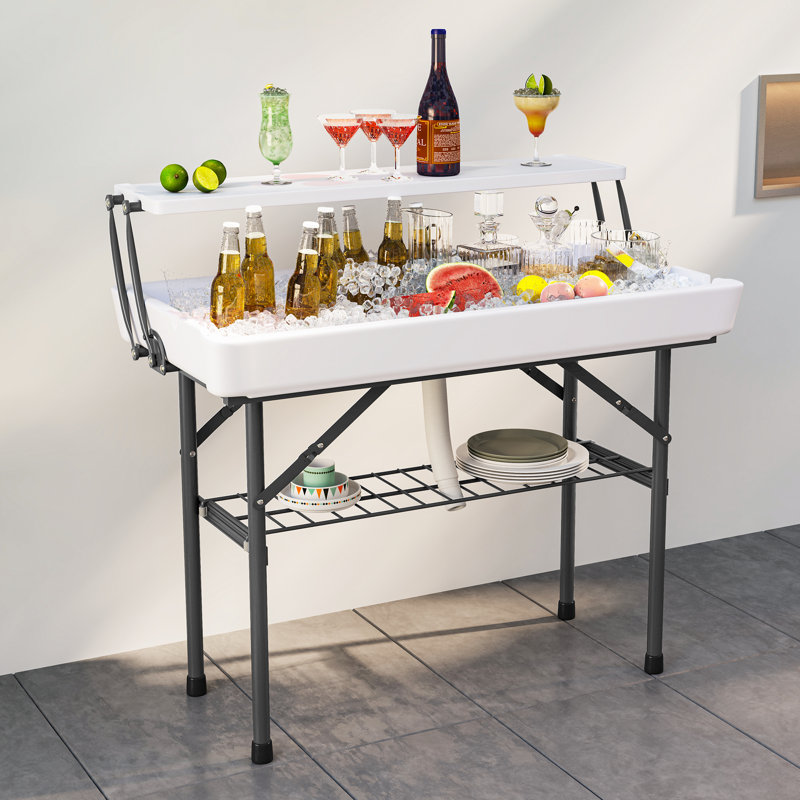 41"W Portable Two-Tier Ice Table Folding Ice Cooler Table with Drain and Detachable Skirt