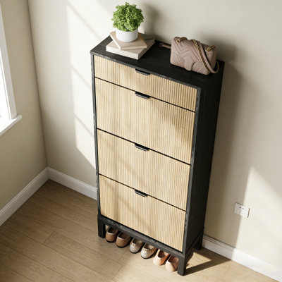 Modern Fluted Wooden Shoe Cabinet With 3 Flip-Doors & Drawer