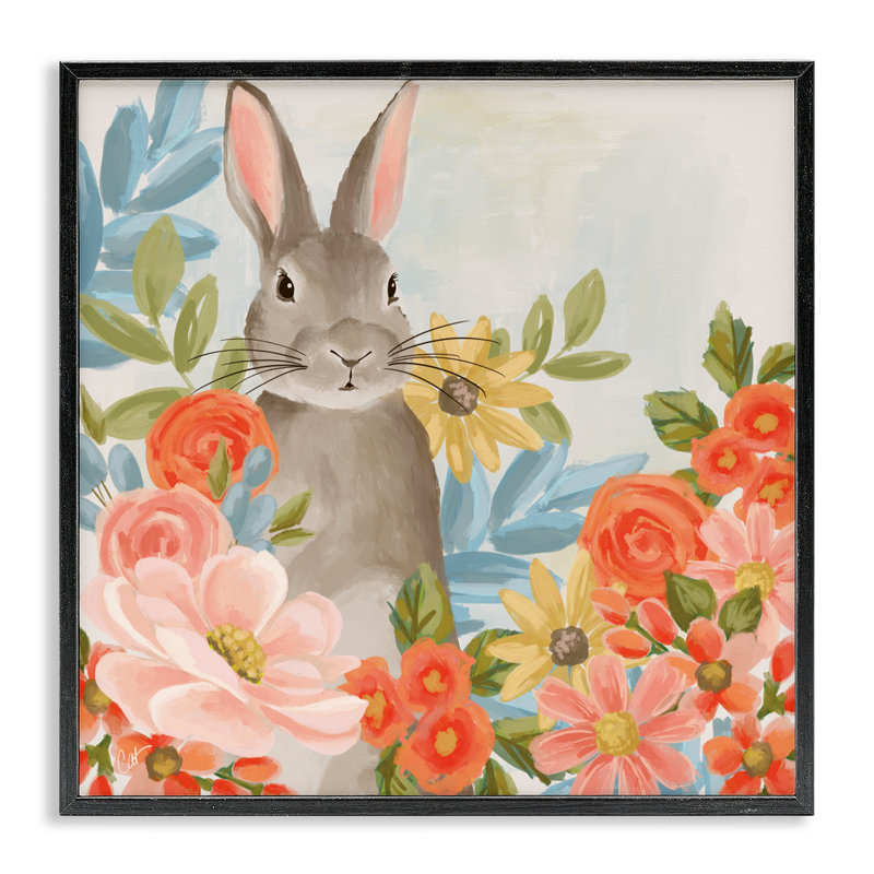 «Bunny parmi les fleurs», estampe numérique, design par Cat Thurman Designs, Giclée encadrée noir minuit, H 12 po x l 12 po