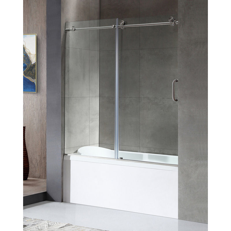 Don 59 - 60" W x 62" H Single Sliding Frameless Tub Door, Brushed Nickel