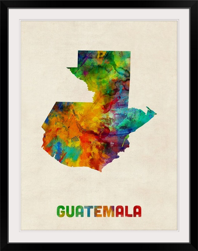 «Guatemala Watercolor Map» par Abarca, impression, Cadre noir, H 24 po x l 20 po x P 1 po