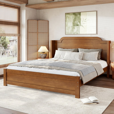 Queen Solid Wood Platform Bed with Headboard Brown Finish & Minimalist Design, Easy Assembly, No Box Spring Needed Traditional Wood Bed Frame.