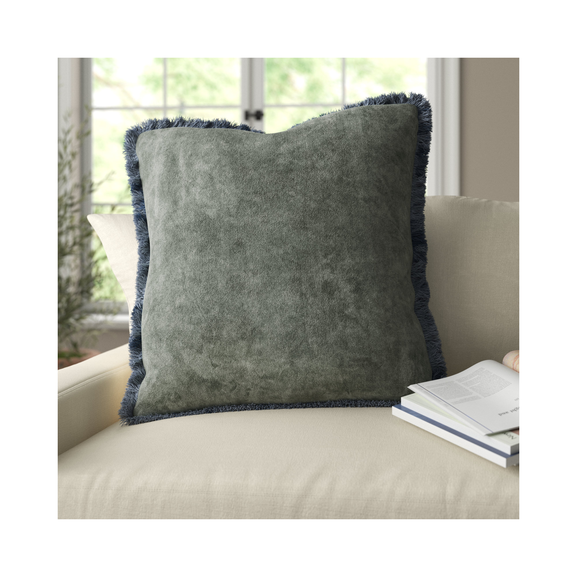 Steph Fringed Cotton Throw Pillow, 20" x 20", Down, Gray