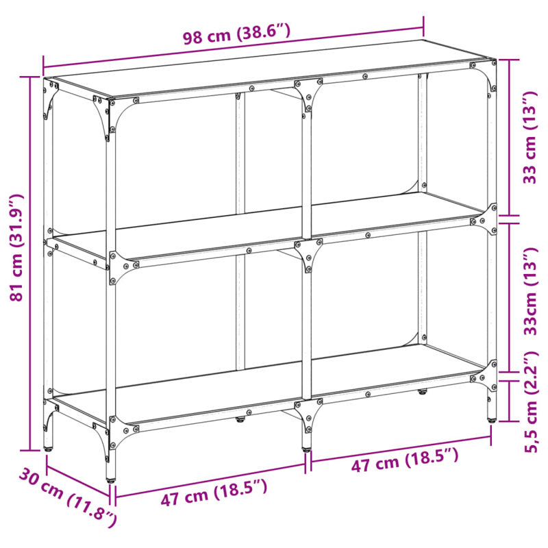 Console Table With Glass Top Steel, 81cm H x 98cm W x 30cm D, Transparent