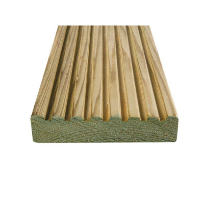 Green Treated UC3 Softwood Pine Deck Board Smooth One Side, Grooved On Reverse Pack Of 4 Pieces (L) 4.8M (W) 120Mm (T) 28Mm