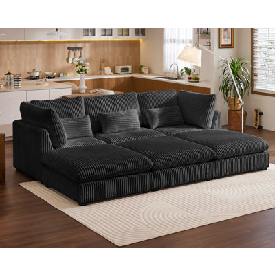 Pet  Friendly Oversized Modular Sofa, 120" Corduroy Wide Seat Sectional with Reversible Chaise, Shaped Couches Modern Comfy Fluffy Cushion Sleeper Sofa Bed with Convertible Ottoman for Living Room 6 Seater