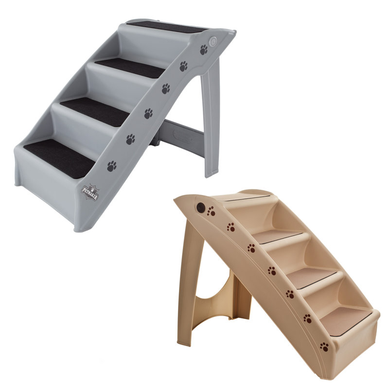 Gray Foldable 4-Step Plastic Pet Stairs with Paw Prints