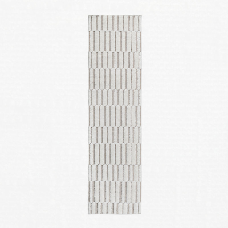 High-Low Striped Runner Rug Polypropylene Stain Resistant Non-Shedding Beige Cream 2'2" x 8'