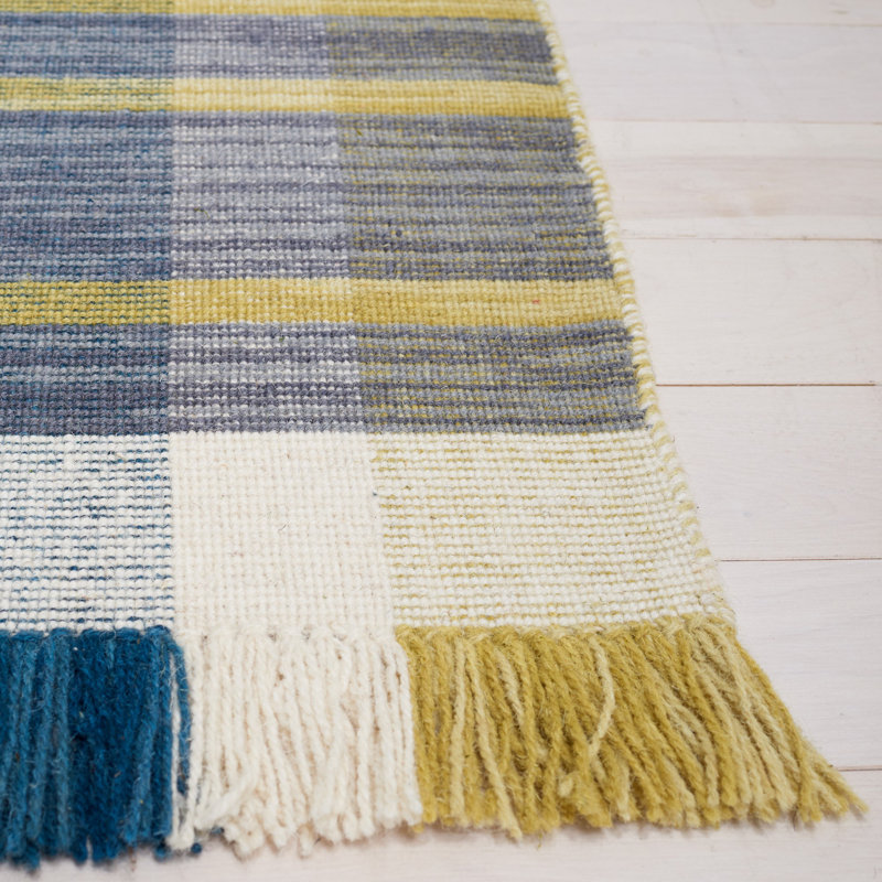 Anjail Flat Weave Wool/Cotton Plaid Rug in Teal/Beige, Square 6'