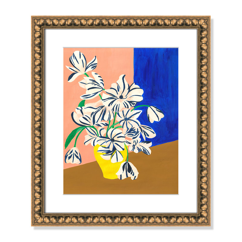 «Stripey Flowers Print» par Violets Print House, 17'' W x 20'' H, Imprimé mat, Perles de feuilles dorées