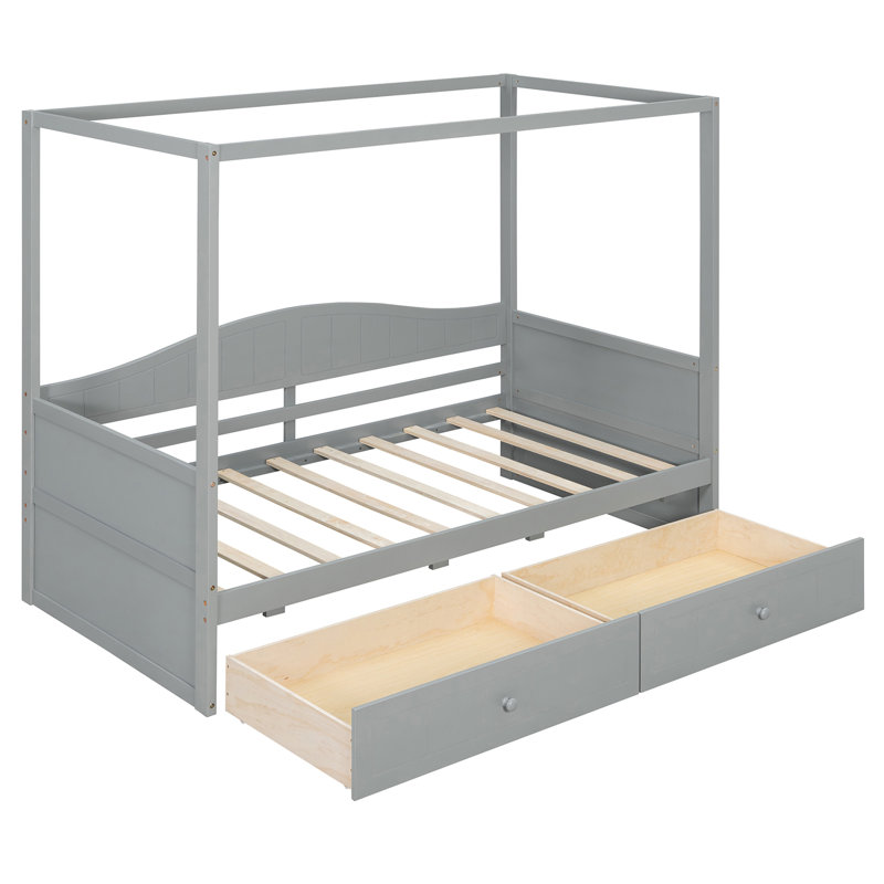 Twin Size Canopy Day Bed With 2 Drawers, Gray, Gray