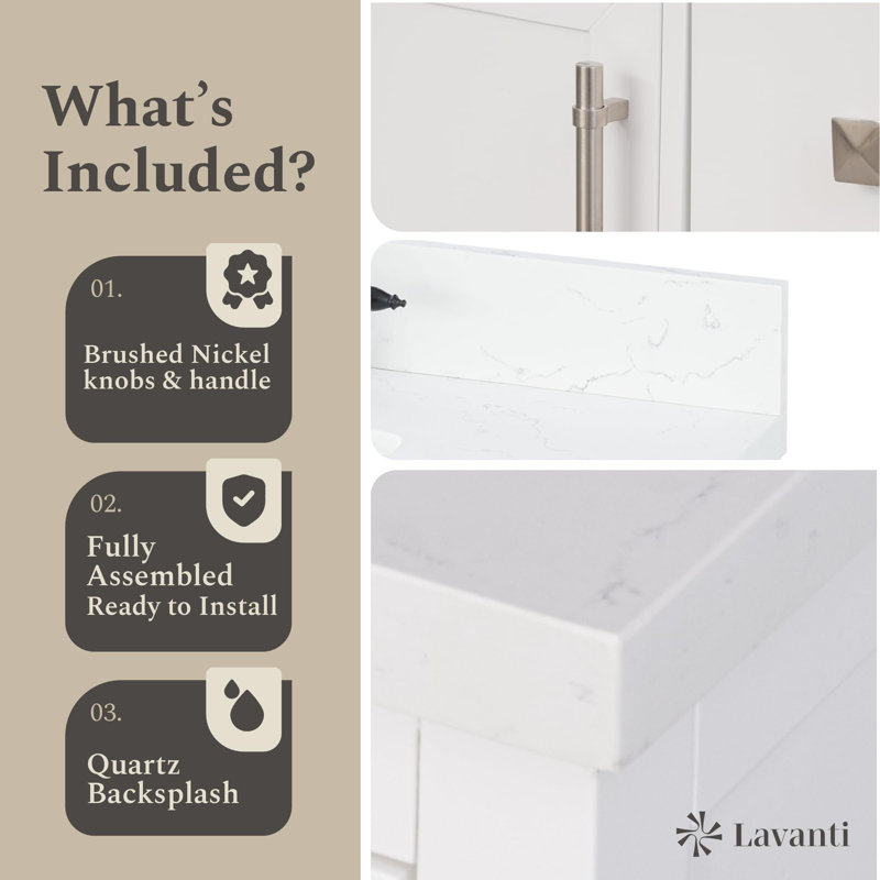  Oakford 24x18 Inch Bathroom Vanity with Sink, White – 100% Premium Solid Wood Vanity Cabinet – 1.5" Thick Quartz Countertop – Water-Resistant Finish – Fully Assembled