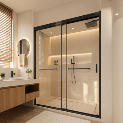 Porte de douche coulissante double avec cadre en aluminium noir mat, verre trempé et pellicule anti-explosion, de 142 à 152 cm (56 à 60 pouces).