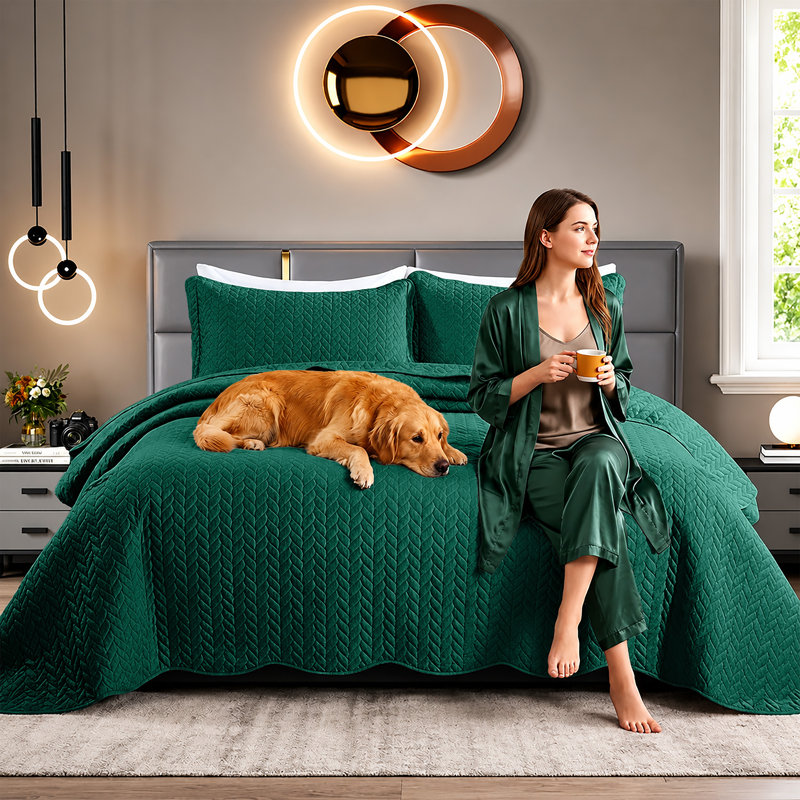Embossed Microfiber Quilt Coverlet Set, Twin ( 66 Inc x 86 Inc ), Emerald