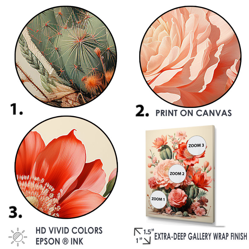 " Coral Cluster Cactus Collage ", 44" H x 34" W, White Floater Framed