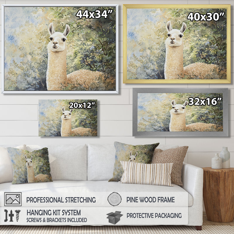 Lama qui erre dans la forêt - Art mural lama, H 34 po x l 44 po, Impression dans un cadre flottant sans passe-parto, Noir
