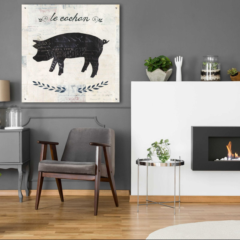 «Le Cochon Silhouette Sq Words» par Courtney Prahl, art mural en verre acrylique, H 36 po x l 36 po