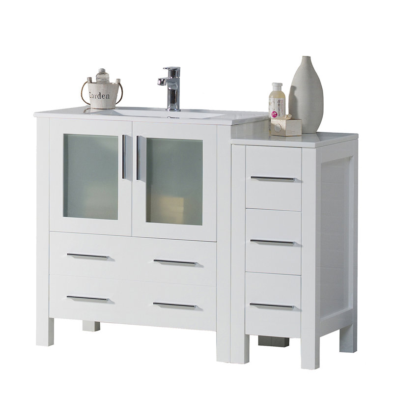 Meuble-lavabo en bois massif blanc brillant 42 po Blossom - Lavabo en céramique, armoire latérale, tiroirs à fermeture en douceur et portes en verre trempé