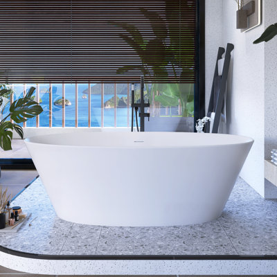 67" Solid Surface Freestanding Soaking Bathtub in Matte White