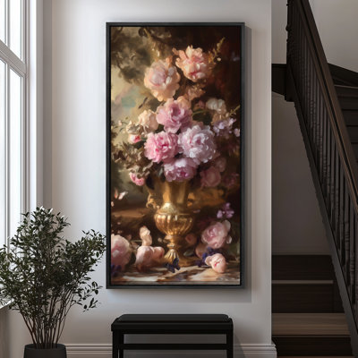 Impression sur toile encadrée rustique, pivoines roses dans le vase, campagne française, très grand