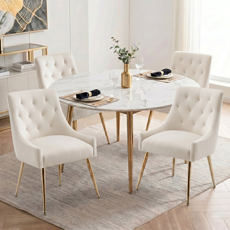Fewell Velvet Upholstered Dining Chair With Gold Legs, Beige