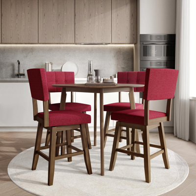 5-Piece Counter-Height Round Dining Set with Tufted Swivel Chairs, Red