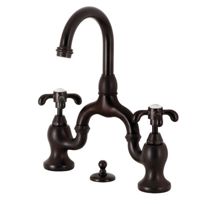 Kingston Brass French Country Two-Handle 3-Hole Deck Mount Bridge Bathroom Faucet with Brass Pop-Up