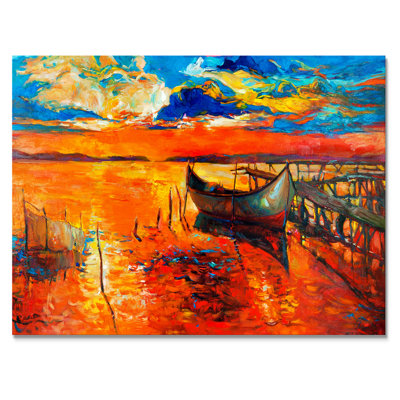 Bateau rouge et jetée, peinture murale décorative nautique et côtière