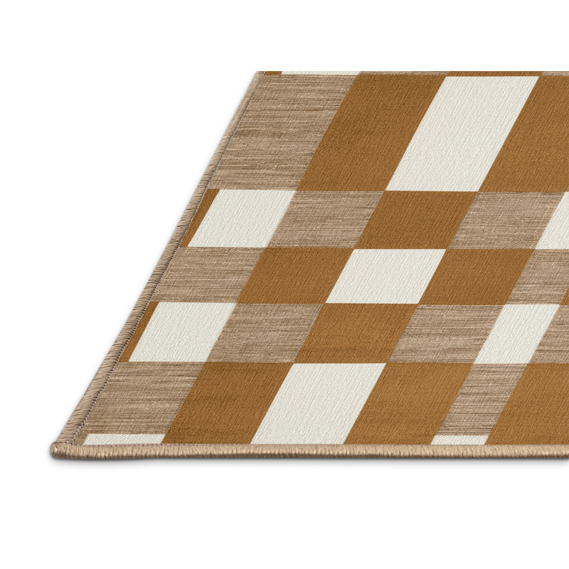 Tapis brun à carreaux lavable à la machine, Rond 6 pi