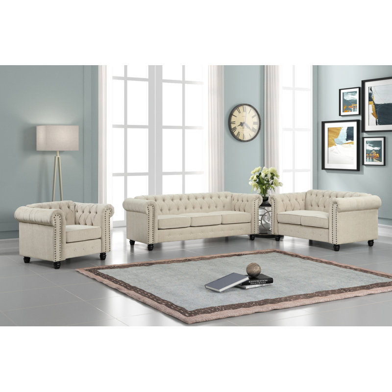 Anavi 3-Piece Tufted Living Room Set, Beige, 100% Linen