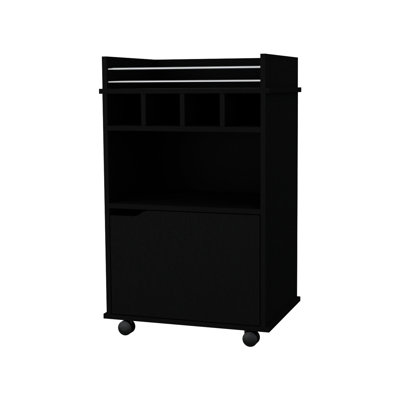 Black Bar Cart With Multiple Compartments And Built-In Holders 1-Door For Home Ample Shelf Space