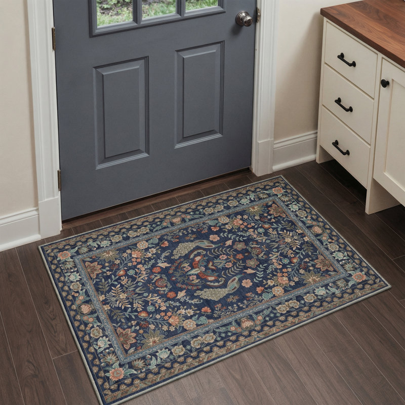 Allendale Aura Vintage Peacock Machine Washable Blue / Brown Indoor Area Rug with Non-Slip Backing, Rectangle 5' x 7'