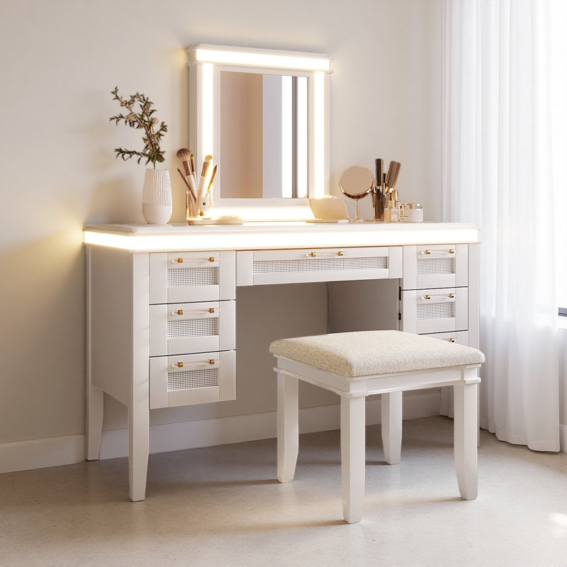48" Vanity Desk With Mirror And Lights, Makeup Vanity With 7 Drawers And Cushioned Stool, Classic Finish Dressing Table With Hollow Design Drawer For Bedroom