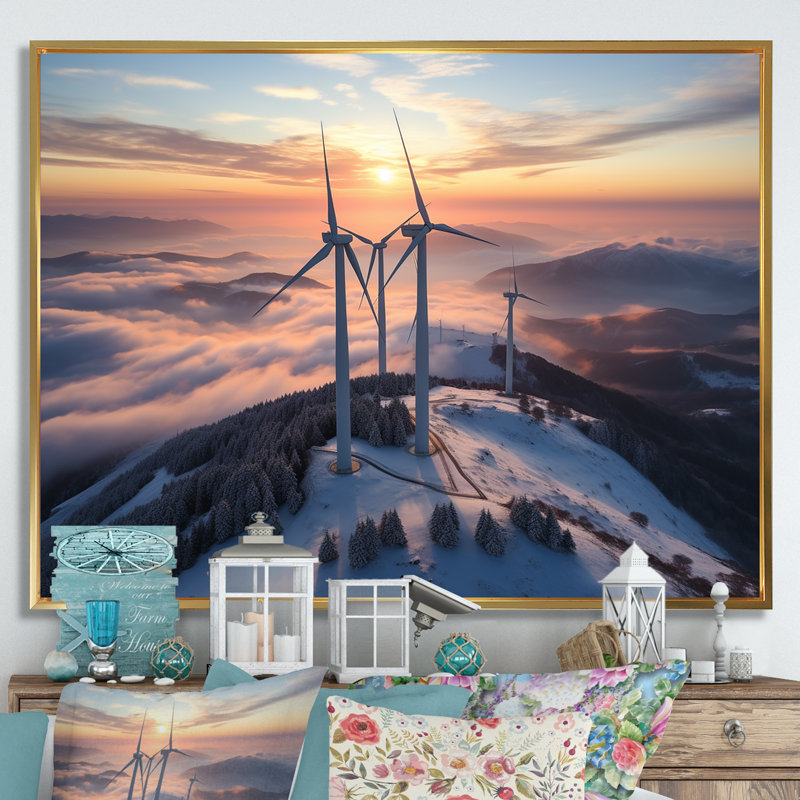 «Sunset Wind Turbines Mountain View IV - Wind Turbines», art mural, H 24 po x l 32 po x P 1 po, Cadre flottant doré
