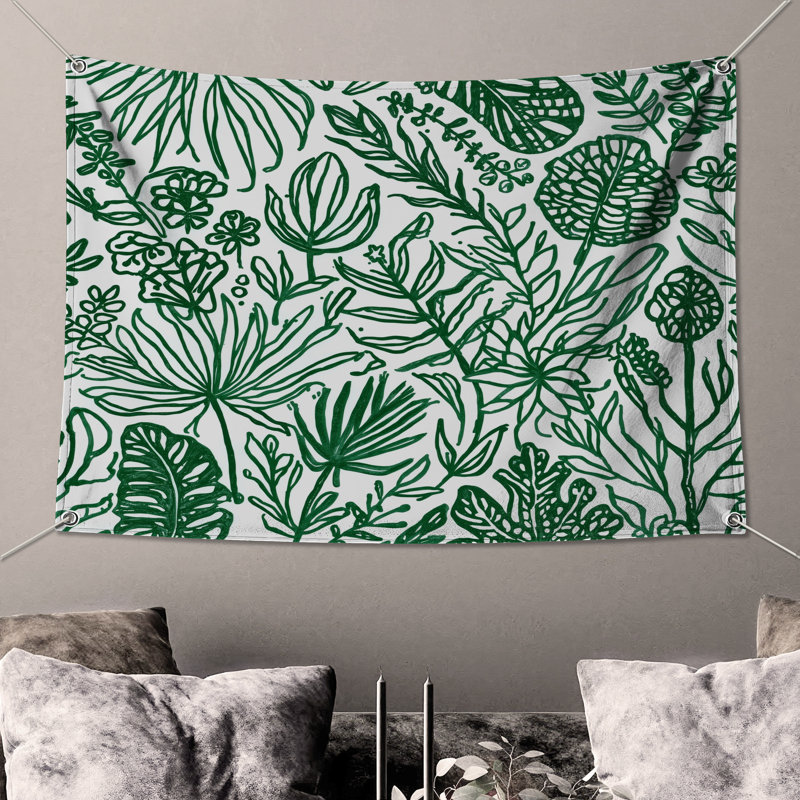 Tapisserie murale «Green Line Art Foliage» - décoration murale feuillage, 104 po H x 88 po avec 4 œillets