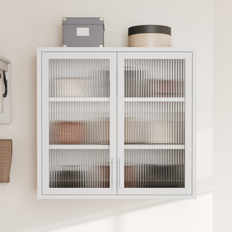 Armoire de rangement murale de style rétro avec portes en verre brumeux et 2 tablettes réglables