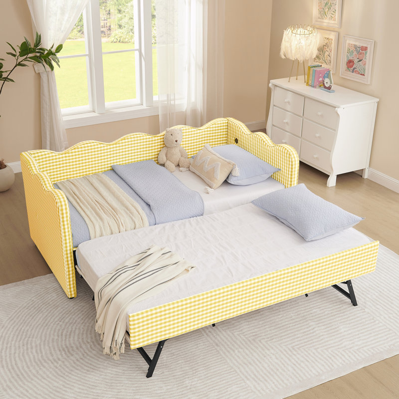 Daybed with Trundle Twin Size Sofa Bed No Box Spring Needed, with USB Port and Adorable Wave Shaped, Linen Fabric, Yellow
