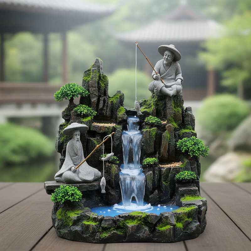 Ensemble de 2 figurines de pêche, grès asiatique zen pour aquarium, pot de jardin et maison, mini statue de pêcheur