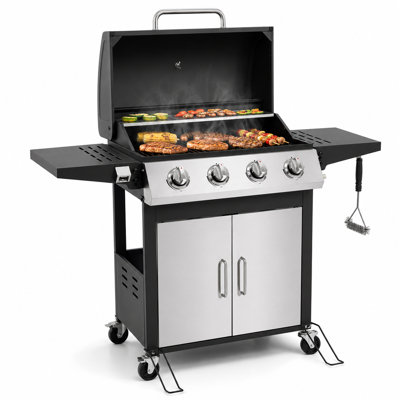 4-Burner Propane Gas Grill With Foldable Side Shelves, 40,000 BTU Outdoor BBQ Grill, 459 Sq. In. Cooking Area, Porcelain-Enameled Cast Iron Grates, Built-In Thermometer & Wheels, Black