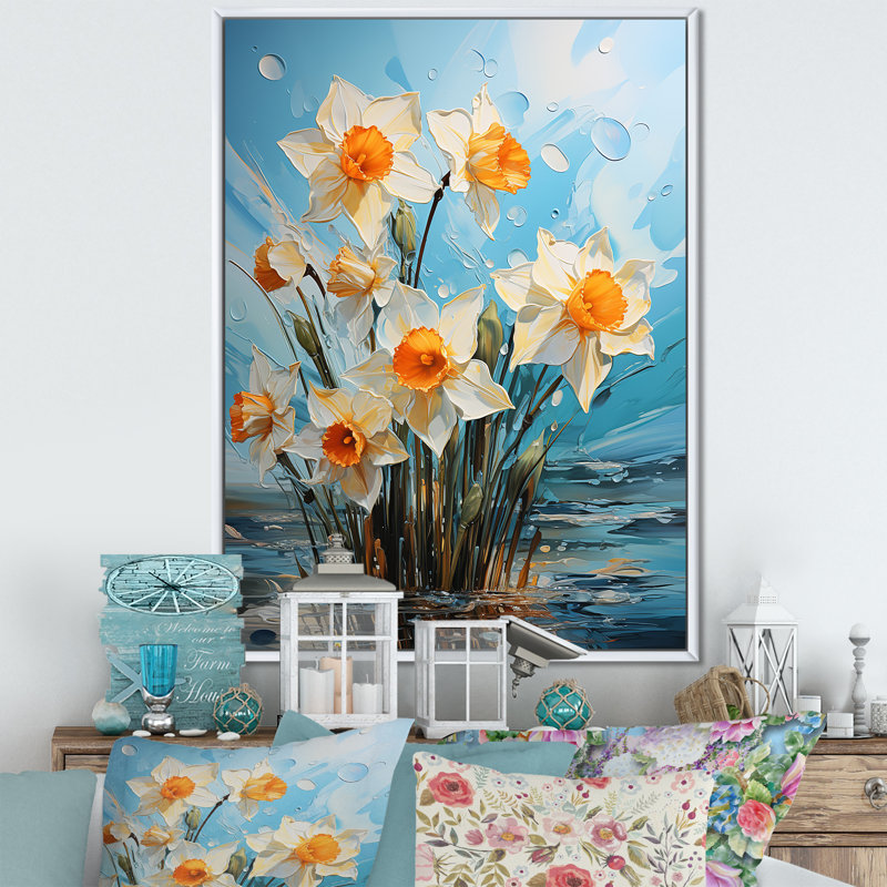 «Daffodil Bloom Sunshine II», reproduction sur toile, Cadre flottant blanc, H 40 po x l 30 po x P 1,5 po